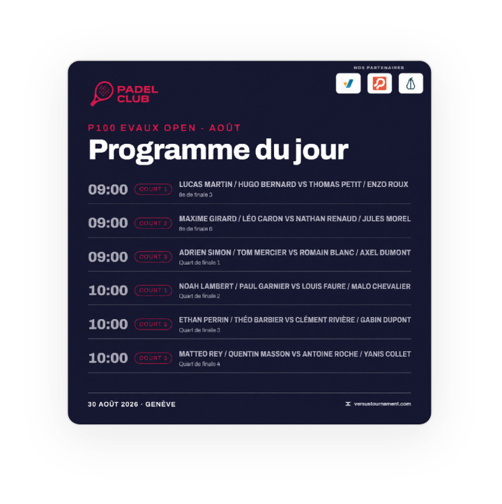 Visuel « Programme du jour » : horaires, terrains et paires, logos des partenaires en haut